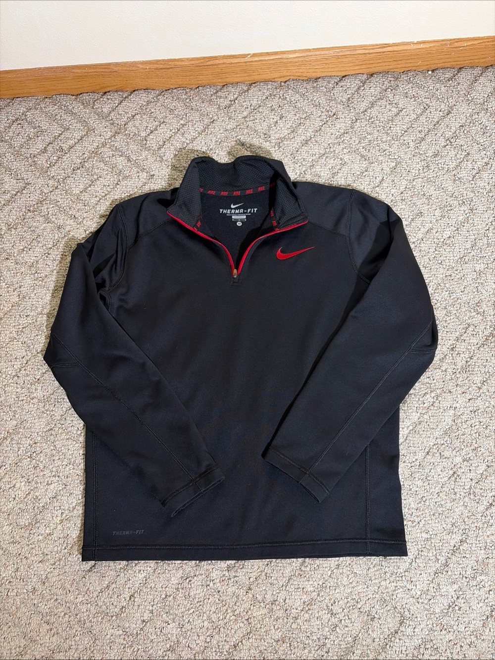 Nike Black Quarter-Zip Therma-FIT Pullover with Red Swoosh